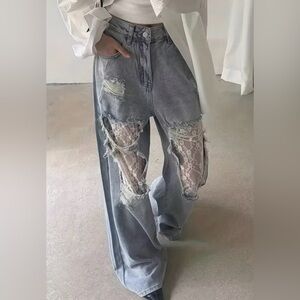 Distressed Lace Insert Gray Jeans